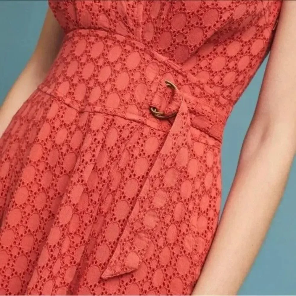Anthropologie Elm Collared Eyelet Dress Sleeveless Coral Orange - Picture 6 of 16